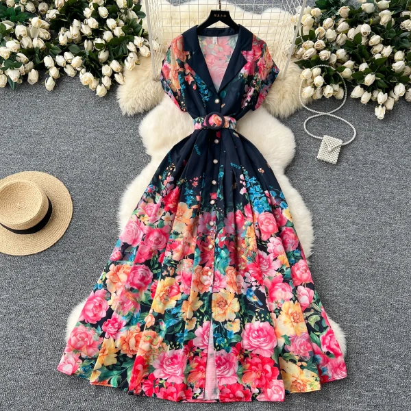 ZT1518 Retro Women's Summer Dress New Style  Temperament Single Breasted Lapel Print Maxi Dress Evening Gown