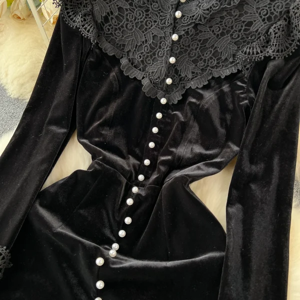 ZT1470 Hepburn Style Haute Couture Canary Dress Women's French Vintage Lace Patchwork Single-breasted Elegant Dresses - Image 5