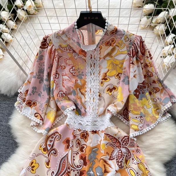 ZT1456 Printed Dress Woman Clothes Floral Dress  Senior Sense  Retro Elegant Lantern Long Sleeve Waist Pleated Dress - Image 4