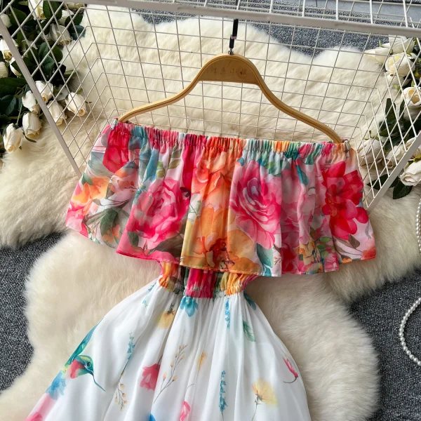 ZT1500 One-line Shoulder Ruffled Waist European Design Large Swing Printed Chiffon Floral Printed Elegant Midi Dresses - Image 2