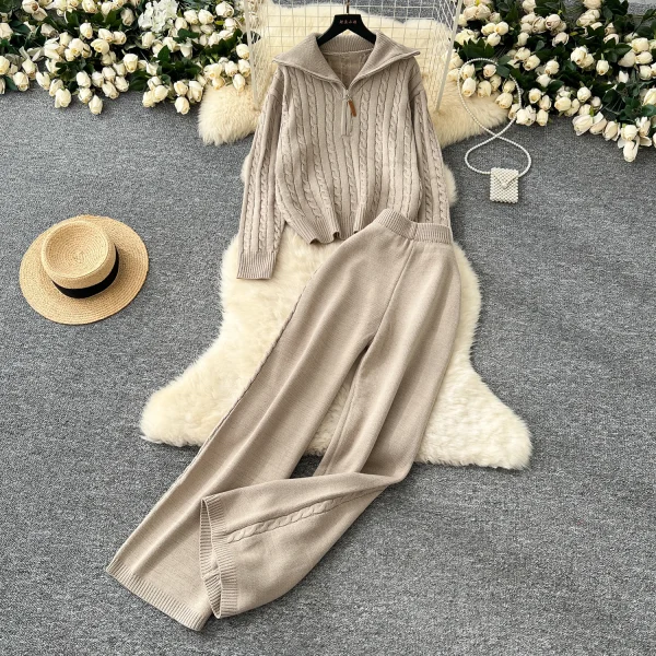 LW0142 Korean Casual Pullover Lapel Zipper Long Sleeve Sweater Women'S High Waist Wide Leg Straight Leg Pants Two-Piece-Set - Image 5