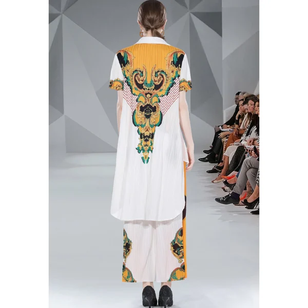 High Elasticity Courtly Style Printed Miyake Fold Suit Pleated Loose Lapel Single Breasted Shirt Wide Leg Pants 2-Piece Set - Image 6