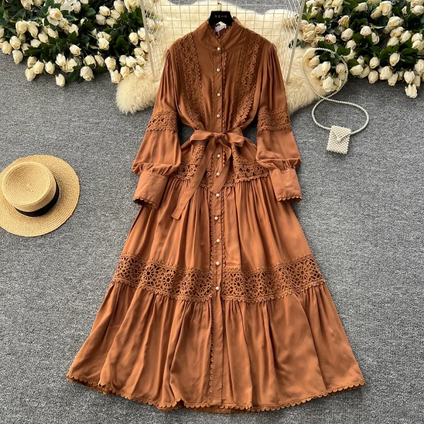 ZT1465 French Vintage Lace Patchwork Pearl Single Breasted Temperament Stand Collar Lantern Sleeve Big Swing Women's Dress