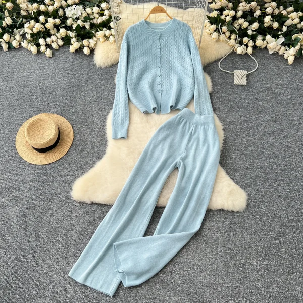 LW0148 Knitwear Two-Piece Women Gentle Wind With Round Neck Twist Sweater Cardigan Coat High Waist Wide Leg Pants - Image 6