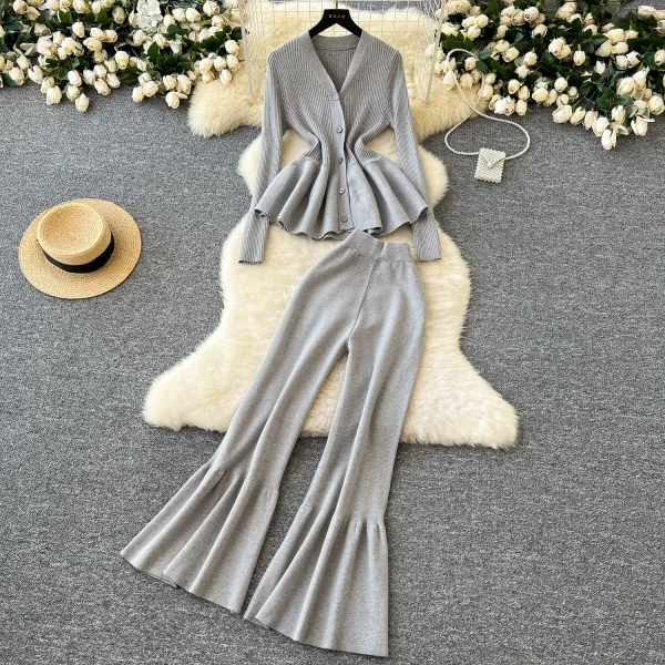LW0121 Elegant Knitwear Two-Piece Women'S Waist Waist With Lotus Leaf Hem Long Sleeve Top High Waist Micro-Stretch Long Pants