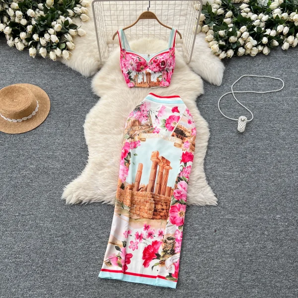 LW0464 Retro Fashion Positioning Print Short Halter Top Two Sets of Women'S High-Waisted Slim-Fit Wrap Hip Skirt