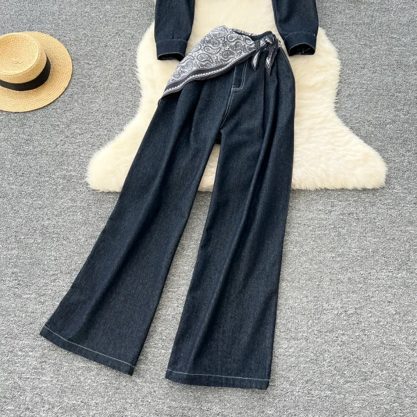 LW0105 Retro Suit Women'S Loose Short Denim Jacket High Waisted Casual Wide-Leg Pants Women'S Two-Piece Suit - Image 3
