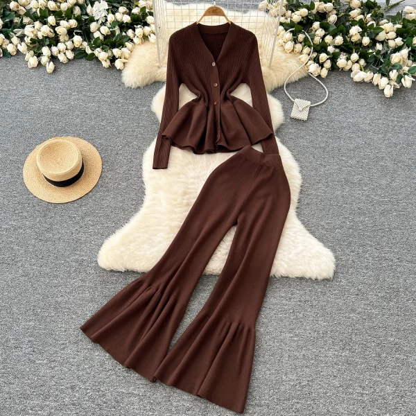 LW0121 Elegant Knitwear Two-Piece Women'S Waist Waist With Lotus Leaf Hem Long Sleeve Top High Waist Micro-Stretch Long Pants - Image 2