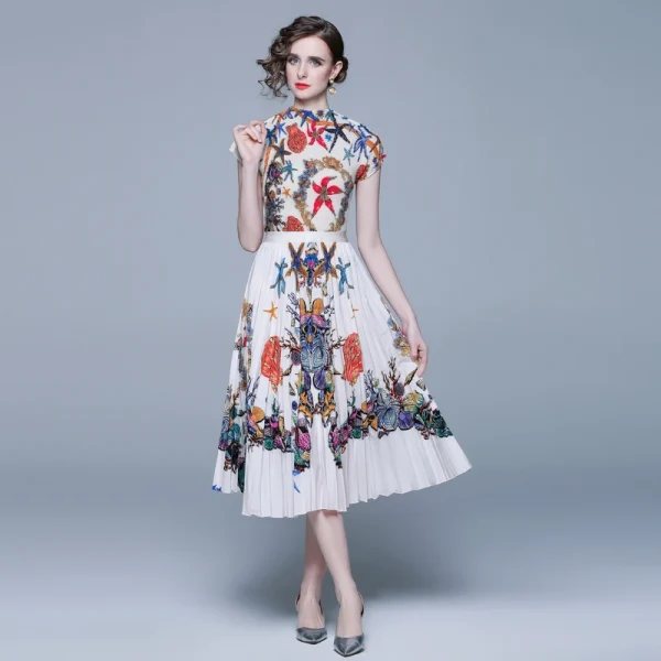 Accept Feminine Printing Pleated Set Boutique Women 2025 Fashion Slim Pleated Turtleneck T-Shirt Top Long Skirt Suit - Image 4