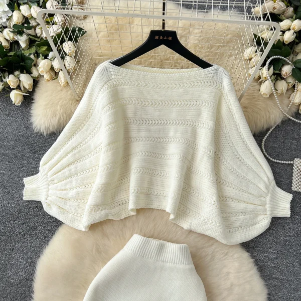 LW0122 Advanced Sense Sweater Smock Coat Loose Bat Sleeve Sweater High-waisted Slim-fit Skirt Women's Two-piece Suit - Image 6