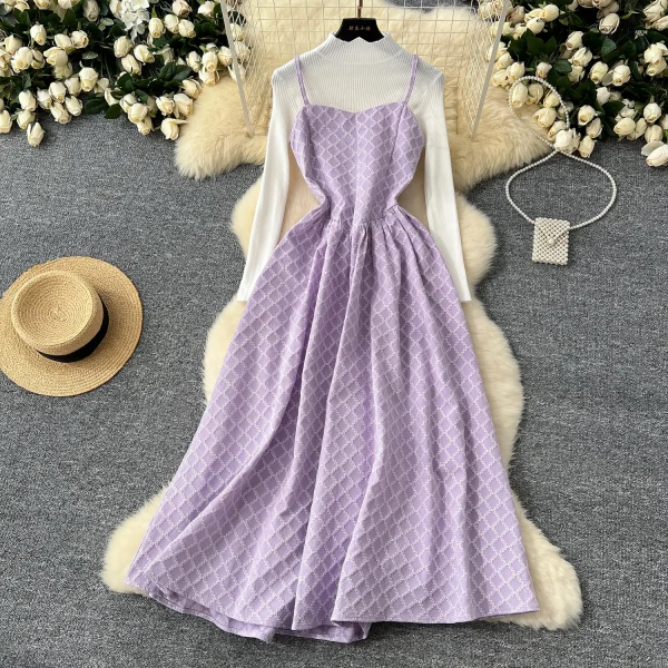 LW0118 Elegant Vintage Jacquard Embroidery Halter Dress for Women With Bottom Knit French Two-Piece for Women - Image 6