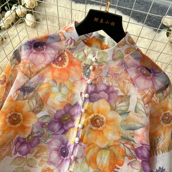 LW0575 2025 Spring Ladies' Holiday Style Stand Collar Lantern Sleeve Slim Shirt High Waist Long Skirt - Image 6