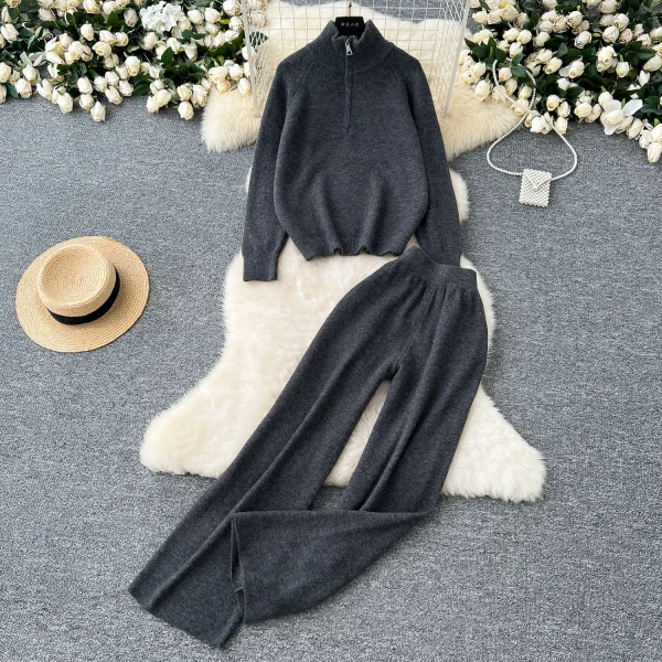 LW0149 Women'S Fashion Suit All-In-One Age-Reducing Casual Stand Collar Zipper Sweater Sweater Pants Two-Piece Set - Image 6