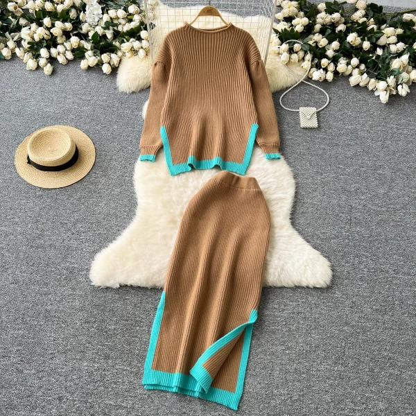 LW0135 Simple Color Contrast Design Two-Piece Women'S Loose Knit Sweater High Waist Slimming Mid-Length Skirt