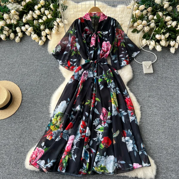 ZT1490 European Women's Dresses Loose Waist Binding Flared Sleeve Pendant Floral Printed Dress Elegant  Midi Dresses - Image 2