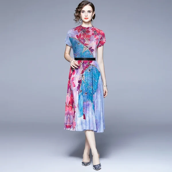 Accept Plus Size Loose Casual Style Boutique  Women 2 Pieces Sets Printed Miyake Pleated Short-Sleeved Tops Pleated Ski - Image 2