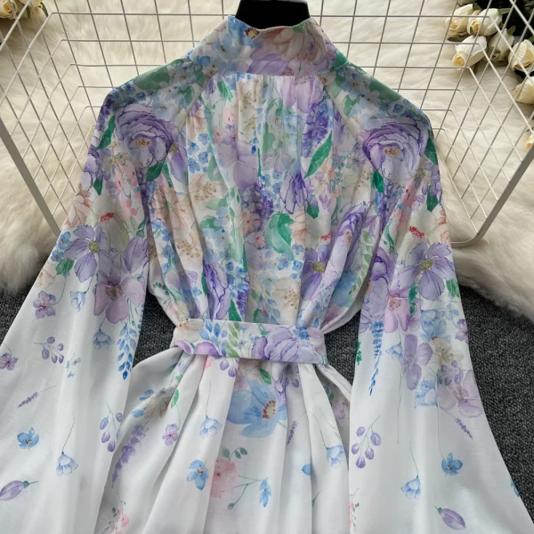 ZT1496 European 2025 New Dress Advanced Sense Stand Collar Single Breasted Waist Long Sleeve Printed Ruffled Mini Dress - Image 5