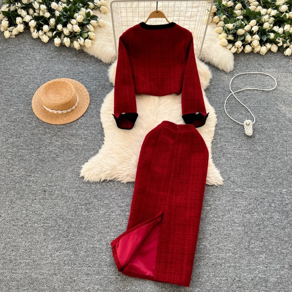LW0117 High-Grade Metal Buckle Round Neck Short Coat Women'S High Waist Slim-Fit Wrap Hip Skirt Women'S Two-Piece Set - Image 2