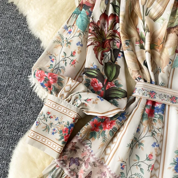 ZT1478 European Vintage Court  Printed Dress Female Lantern Sleeve Waist Strap Single-breasted Temperament Maxi Dress - Image 4