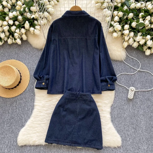 LW0112 Vintage Sweet Little Ladies Two-Piece Fall Bow Tie Denim Shirt High-Waisted Slip Skirt Two Piece Set for Ladies - Image 3