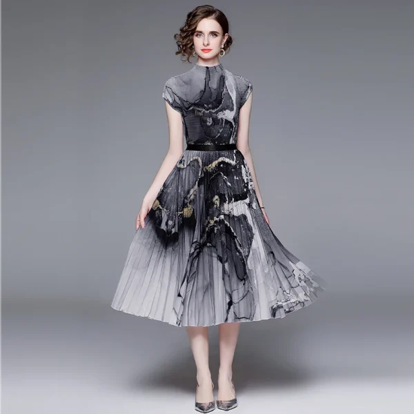 High-Grade Vignetting Print Corn Pleated Top Pleated Skirt Set 3.2m Large Skirt Hem Miyake Pleated Boutique Set Two-Piece - Image 4