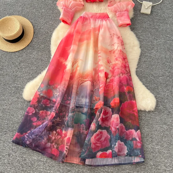 LW0576 Advanced Sense Set Women'S Style Loose Lapel Long Sleeve Printed Shirt High Waist Long Skirt Two Piece Set for Ladies - Image 3