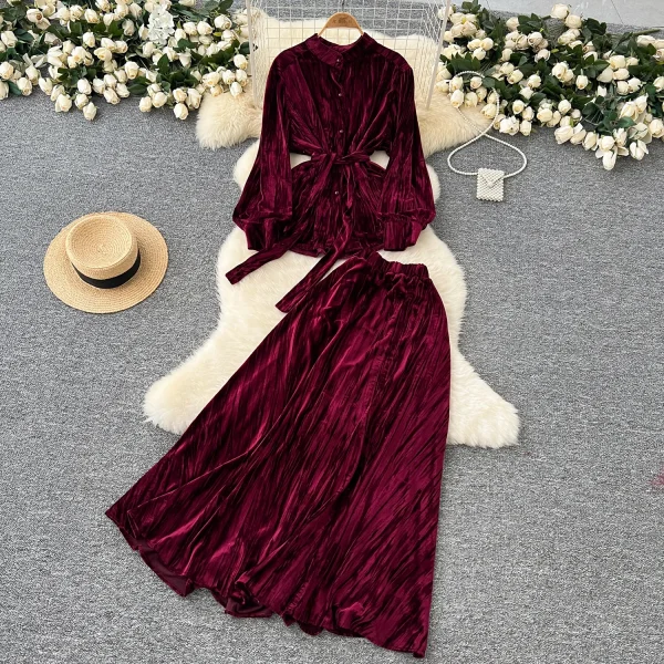 LW0137 High-Grade Velvet Two-Piece Set Women'S New Long Sleeve Shirt With Waist and Waist High Waist Slimming Dress - Image 4