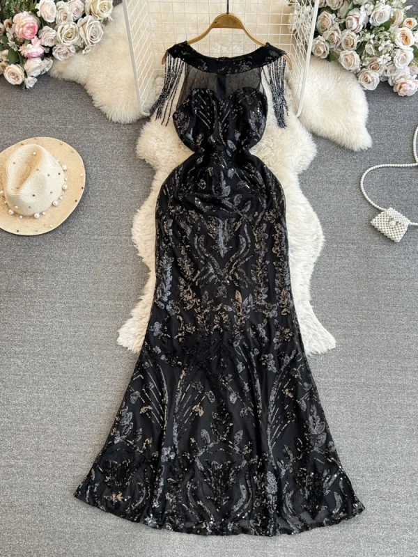 ZT1562  Fashion Banquet Host Round Neck Waist Fringe Sequins Elegant Sexy A-line Fishtail Wrapped Hip Maxi Dress Evening Gown - Image 2