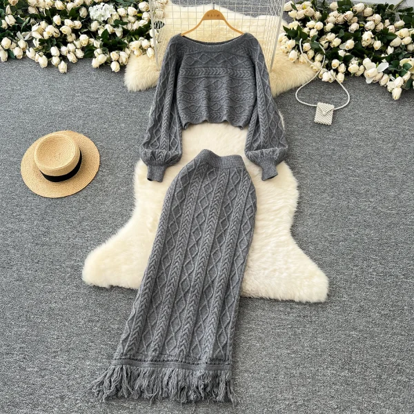 LW0151 Gentle Wind Wear Two-Piece Women'S Fall/Winter Jumper Long-Sleeved Short Twist Sweater Knitted Fringe Skirt - Image 2