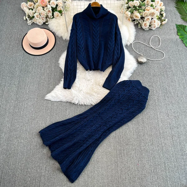 LE4754 Green Turtleneck Twist Sweater Women'S Winter Thick Loose Sweater Stretch Wrap Hip Skirt Two-Piece Set - Image 4