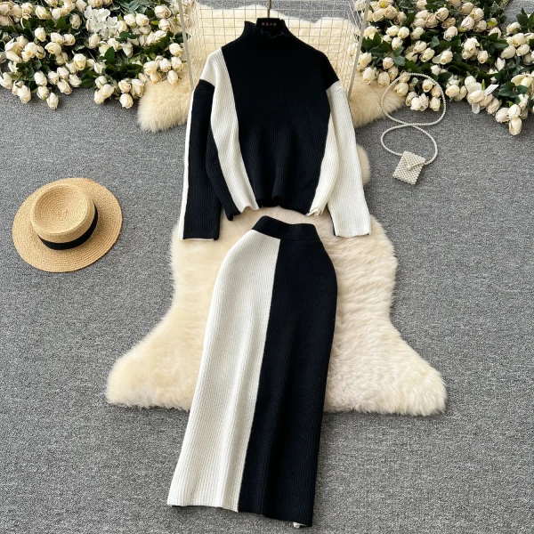 LW0145 Slouchy Sweater Women With Turtleneck Matching Color Sweater Women'S Two-Piece Tight Wrap Hip Skirt - Image 3