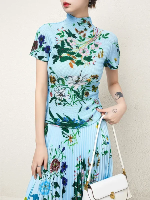 Accept Large Size Loose Casual Style Set Boutique Women'S 2-Piece Floral Print Issey Miyake Short Sleeve Top Pleated Sk - Image 3
