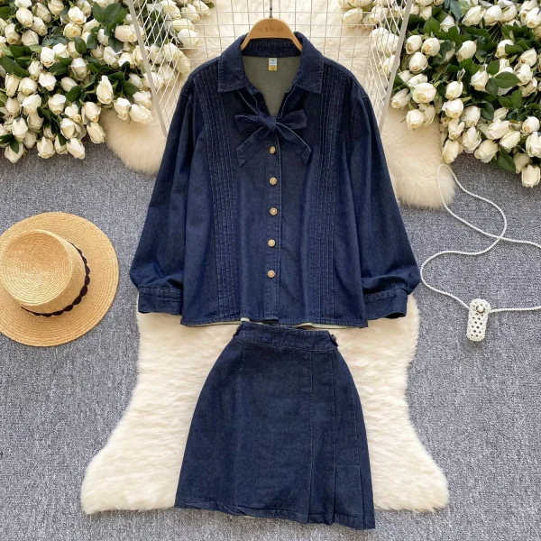 LW0112 Vintage Sweet Little Ladies Two-Piece Fall Bow Tie Denim Shirt High-Waisted Slip Skirt Two Piece Set for Ladies - Image 2
