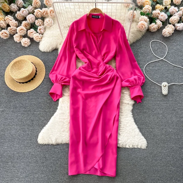 ZT1547 Senior Sense Royal Luxury Satin Dress Female Design Sense Evening Gown Lapel Elegant Slimming Temperament Sexy Maxi Dress
