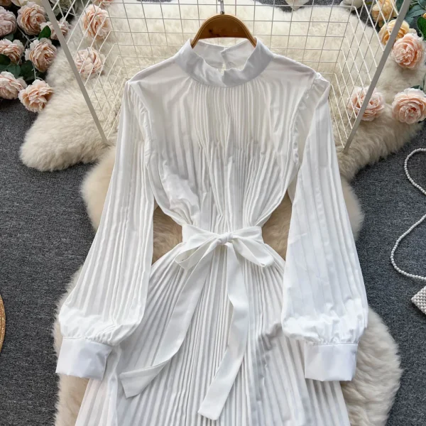 ZT1459 Spring Autumn Dresses Stand Collar Solid Color Senior Sense Elegant Dresses Strap Irregular Pleats Long Dresses Women - Image 5