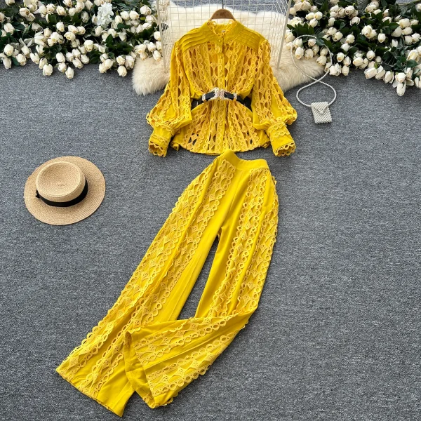 LE4758 Fashion Three-Piece Set 2025 Autumn Cutout Hook Lace Waist Long Sleeve Shirt High Waist Straight Pants