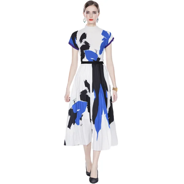 LE1339 High Quality 2025 Pleat Clothing Casual Style Printed Short Sleeve Top and Printed Long Pleated Skirt Two Piece Sets