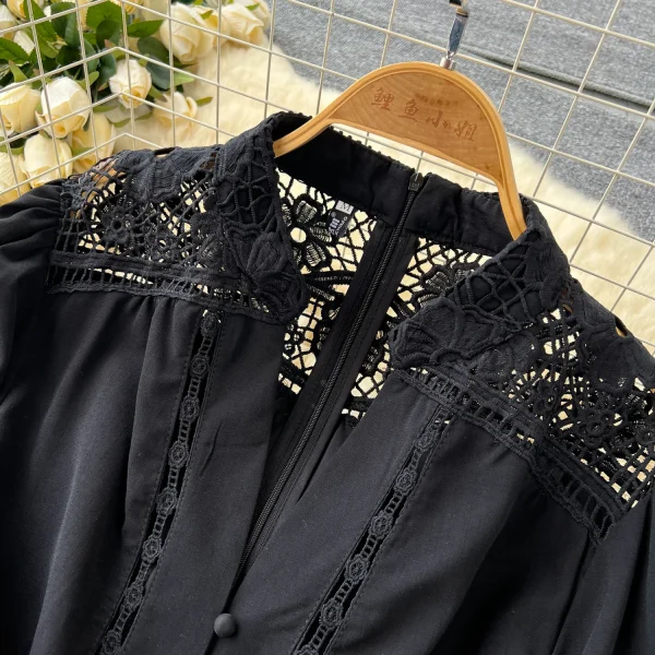 ZT1464 French Vintage Black Woman Clothes High-end Temperament V-neck Hollow Lace Patchwork Single Breasted Lantern Sleeve Dress - Image 6