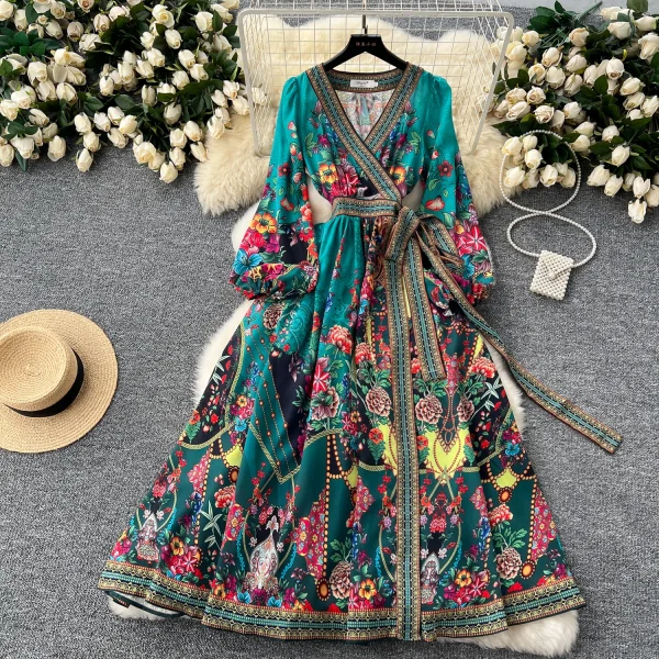 ZT1519 European Luxury Retro Fashion Floral Print Elegant Long Sleeve Vintage One-piece Style French Maxi Dress Woman