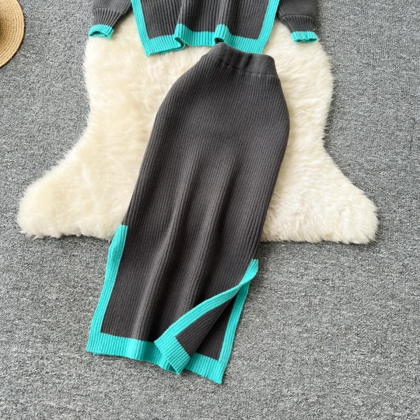 LW0135 Simple Color Contrast Design Two-Piece Women'S Loose Knit Sweater High Waist Slimming Mid-Length Skirt - Image 6