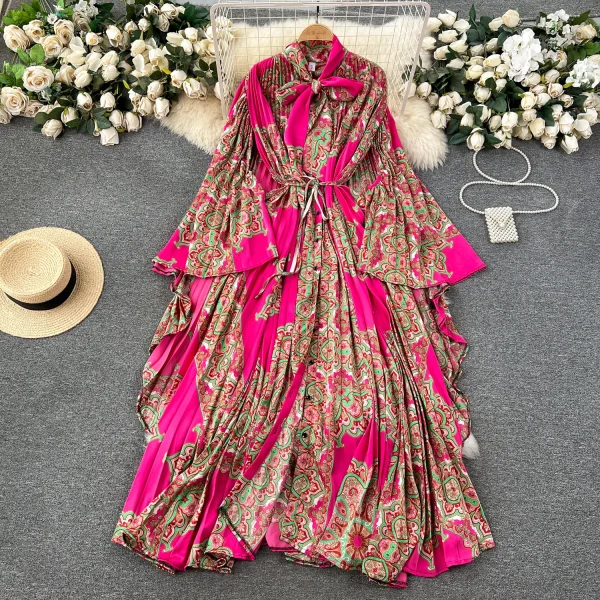 ZT1457 High-End Floral Dress Women Elegant Loose Bat-sleeve Bow Tie Digital Printed Woven Fabric Niche Light Style Sweet Style - Image 6