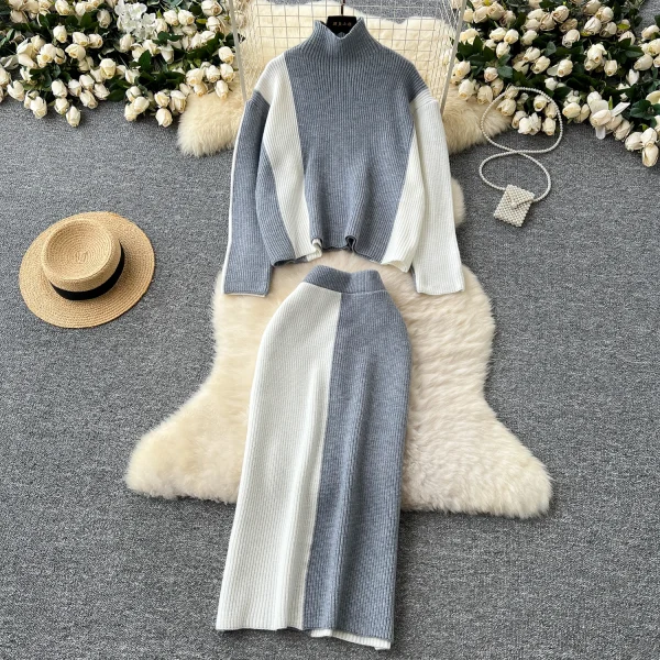 LW0145 Slouchy Sweater Women With Turtleneck Matching Color Sweater Women'S Two-Piece Tight Wrap Hip Skirt - Image 4