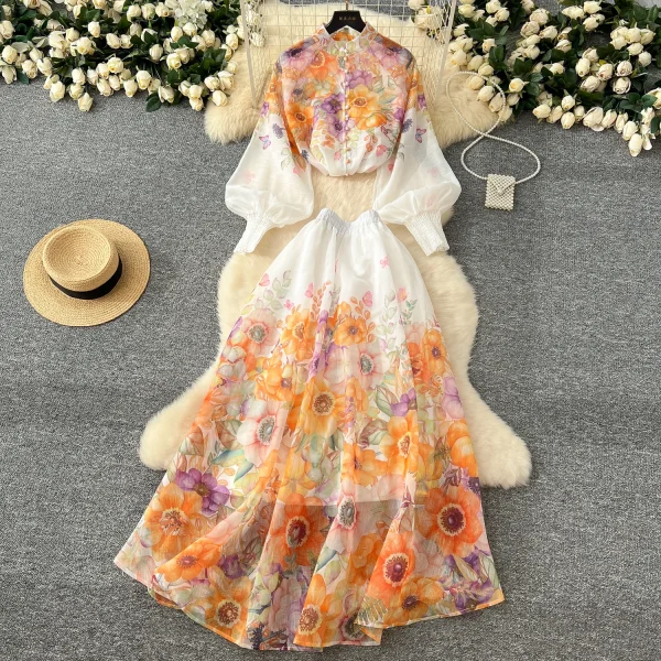 LW0575 2025 Spring Ladies' Holiday Style Stand Collar Lantern Sleeve Slim Shirt High Waist Long Skirt - Image 2