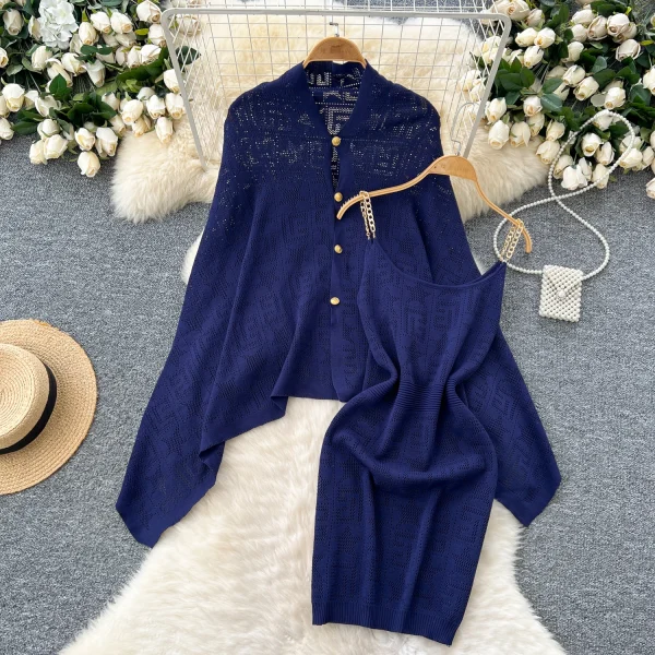 LW0131 Elegant Ladies Two-Piece Set Loose Irregular Knit Cape Knit Smock Coat Chain Strap Dress Two-Piece for Women - Image 2