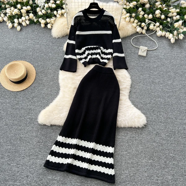 LW0101 Korean Two-Piece Hollow-Out Grid Color Contrast Striped Sweater Women'S Long Sleeve Sweater High Waist Skirt Two Sets - Image 3