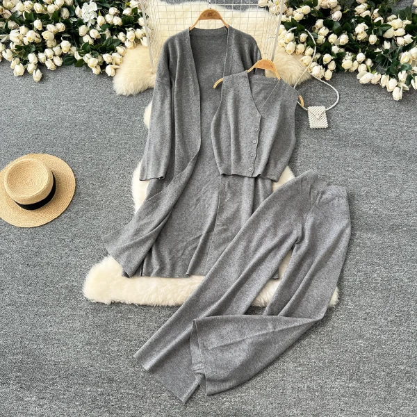 LW0110 Haute Couture Sleeveless V-Neck Vest Loose Mid-Length Knit Coat High-Waisted Trousers Women'S Three-Piece Set - Image 4