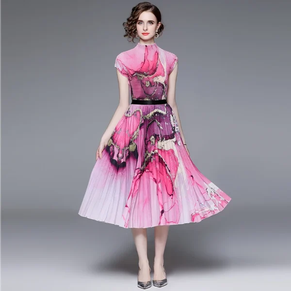 High-Grade Vignetting Print Corn Pleated Top Pleated Skirt Set 3.2m Large Skirt Hem Miyake Pleated Boutique Set Two-Piece - Image 2