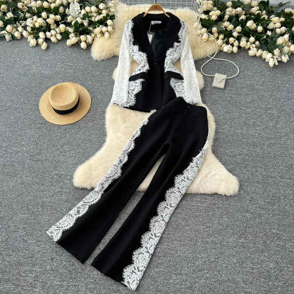 LW0125 Light Wind commuter Ladies Two-piece Contrasting Color Lace Long-sleeved Suit Jacket High-waisted Suit Pants - Image 2