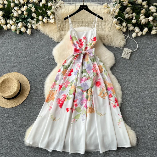 ZT1522 French Senior Sense Holiday Halter Dress Women  Temperament Printed Halter Dress Summer Sweet Fresh Elegant Midi Dress