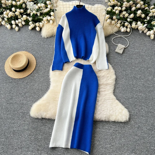 LW0145 Slouchy Sweater Women With Turtleneck Matching Color Sweater Women'S Two-Piece Tight Wrap Hip Skirt